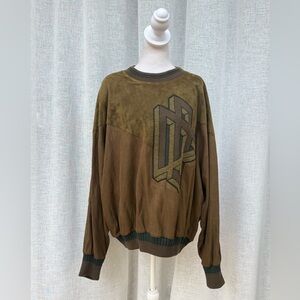 Torras Spain taupe green brown suede long sleeve crewneck sweater